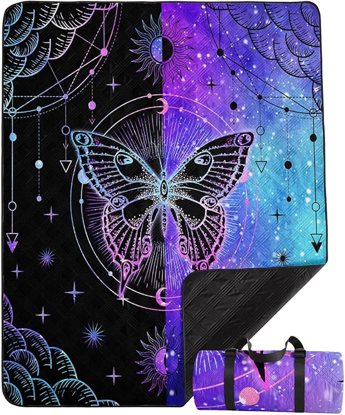 Outdoor Picnic Blanket Portable Ultrasonic Waterproof Picnic Mat Symmetrical Butterfly Printed Camping Beach Mat for Sand and Wet Grass Hiking (Symmetrical Butterfly1 L)
