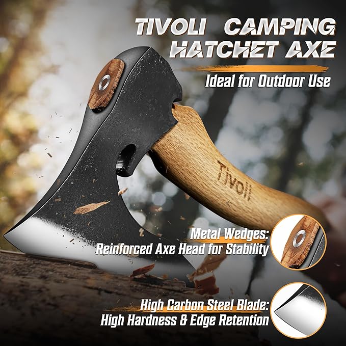 Tivoli Camping Hatchet Axe with Sheath – 16.5 High Carbon Steel Axe with Beech Wood Handle – Bushcraft Hatchet &amp Wood Splitting Axes for Gardening Carving Outdoor Adventures – Gift for Men