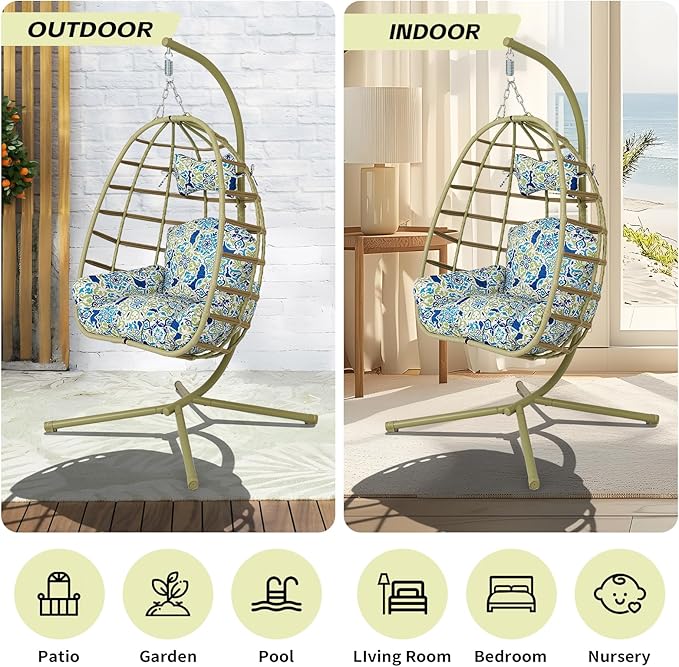 Hanging Egg Chair with Stand Outdoor Indoor Patio Rattan Swing Hammock Chairs with Washable Cushion 350lbs Capacity PE Wicker Swing Chair for Backyard Bedroom Garden (Cyan + Floral Cushion)