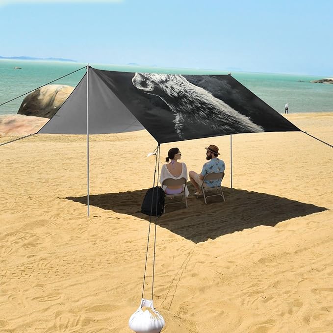 ALAZA Wolf Howling Moon Beach Tent Sun Shelter UPF50+ Protection Beach Shade Canopy w/ 4 Sandbags for Outdoor Camping Fishing Backyard Fun Picnic 10x9 ft