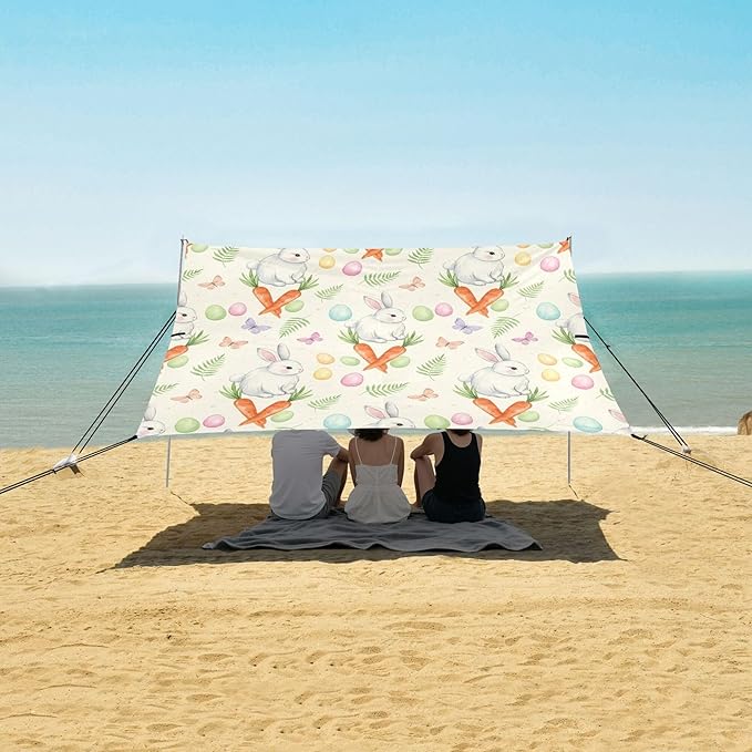 Easter Bunny Beach Canopy Sun Shelter with Sandbags &amp Sand Shovel &amp Windproof Ropes - Portable 110x126 Beach Shade Beach Tent for Camping Picnics