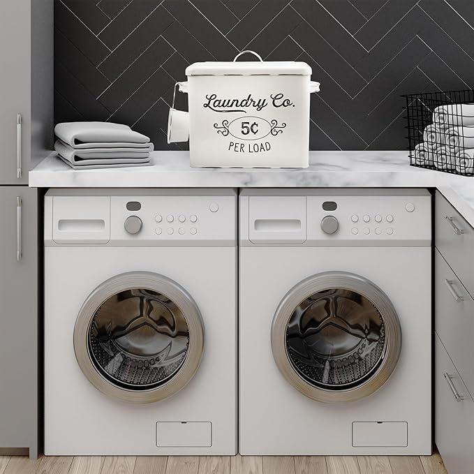 AuldHome Design Farmhouse Laundry Powder Container White Enamelware Detergent Bin w/Scoop