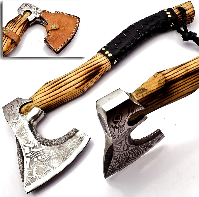 NOORAKI 17 Camping Axe Hatchet Tomahawk | Handmade Damascus Carbon Steel Hunting Viking Axe Chopping Axe Throwing Axe Gardening &amp Bushcraft Axe for Outdoor Wood | Viking Gifts for Men with She