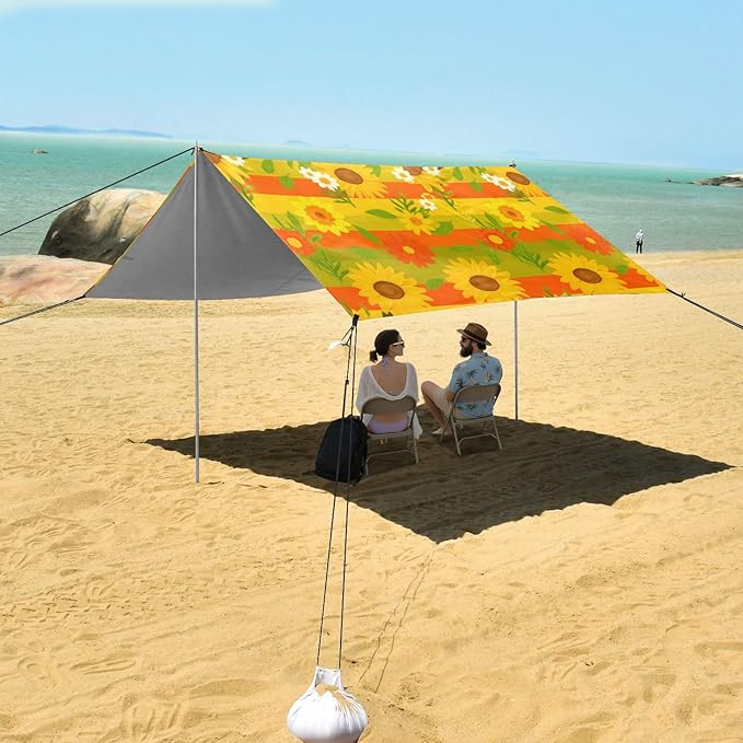 Beach Canopy with Windproof Ropes &amp Sandbags Beach Tent Sun Shade Sun Shelter for Camping Trips Fishing Backyard Fun or Picnics Sunflowers