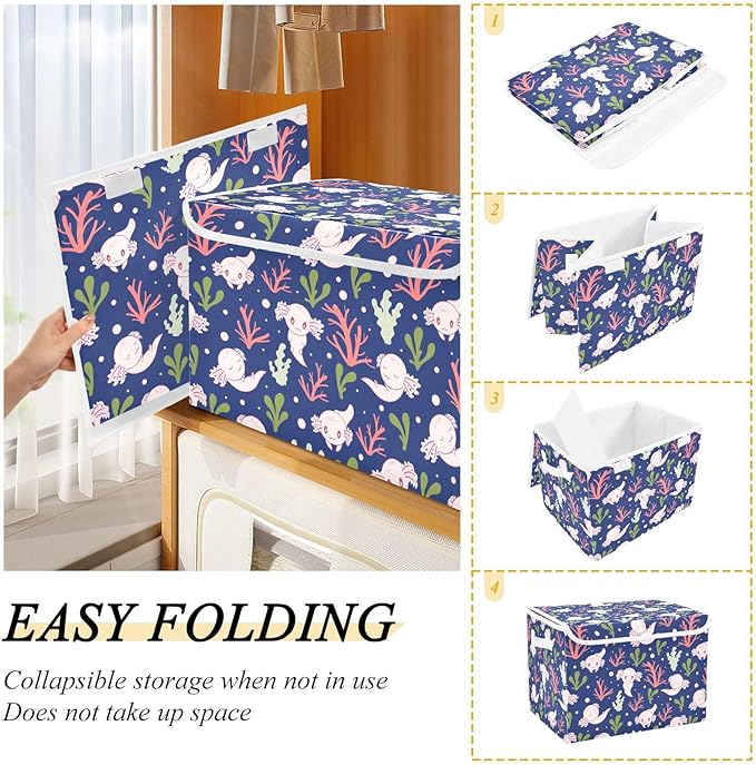 Storage Box Cute Axolotl Salamander Closet Storage Bins with Lids Foldable Oxford Fabric Storage Box for Home Bedroom Closet Office (16.5x12.6x11.8 in)