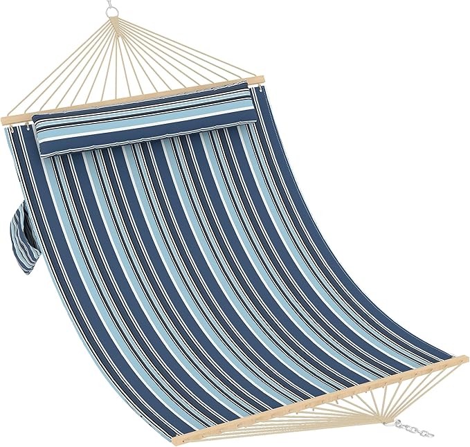 Hammocks 12 FT Double Quilted Fabric Hammock with Spreader Bar and Detachable Pillow 2 Person Hammock for Outdoor Patio Backyard Poolside 450lbs Weight Capacity