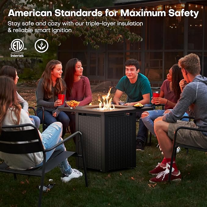 LEGACY HEATING Zeta 1 Propane Fire Pit Table 50000BTU Outdoor Gas Fire Pit 2 in 1 Firepit Table w/Lid Lava Rock ETL Certified 28in Steel Fire Table add Warmth to Parties on Backyard Black
