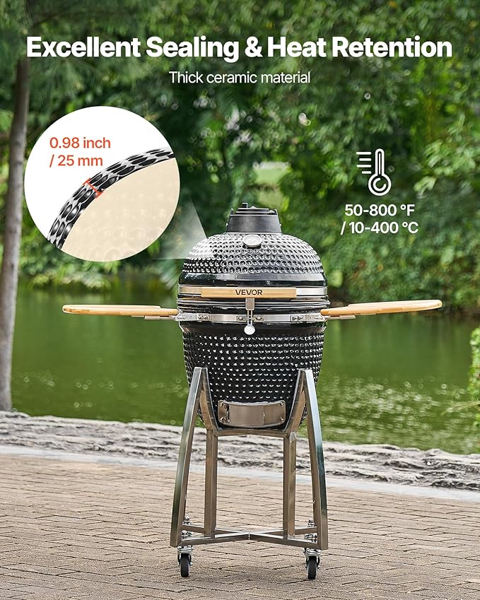 VEVOR Charcoal Smoker and Grill 18 Kamado Charcoal BBQ Smoker Movable Ceramic Barbecue Grill with 4 Wheels (2 Lockable) Built-in Thermometer Air Vents &amp Side Shelf for Outdoor Patio Yard Cook