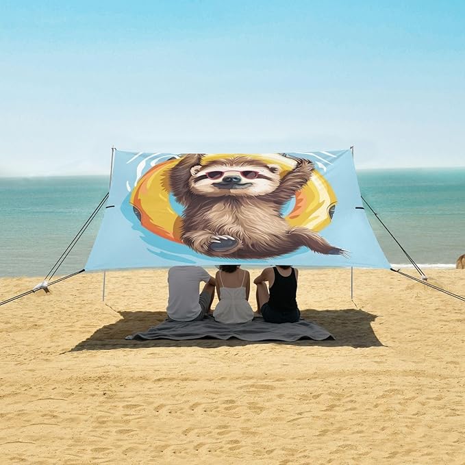 ALAZA Sloth Swimming Ring Beach Tent Sun Shelter UPF50+ Protection Beach Shade Canopy w/ 4 Sandbags for Outdoor Camping Fishing Backyard Fun Picnic 10x9 ft