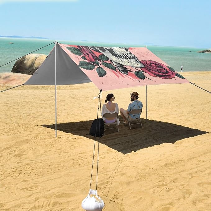 ALAZA Skull Pirates with Rose Beach Tent Sun Shelter Portable Canopy Sunshade for Outdoor Camping Picnics Backyard Fun 10x9 ft