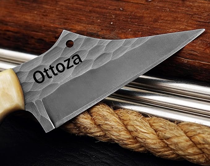 Ottoza Small Seax Tactical Knife with Fixed Blade - Durable Outdoor EDC Knife with Leather Sheath Horizontal Carry - Bone Handle 386