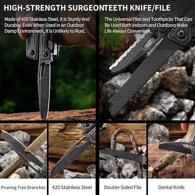 27-in-1Multitool Pliers with Scissors Rope CuttersSaw ScrewdriversCan OpenerFileCarrying PouchStainless Steel Pocket Multi-Tool Ideal for Camping Survival and GiftBlack