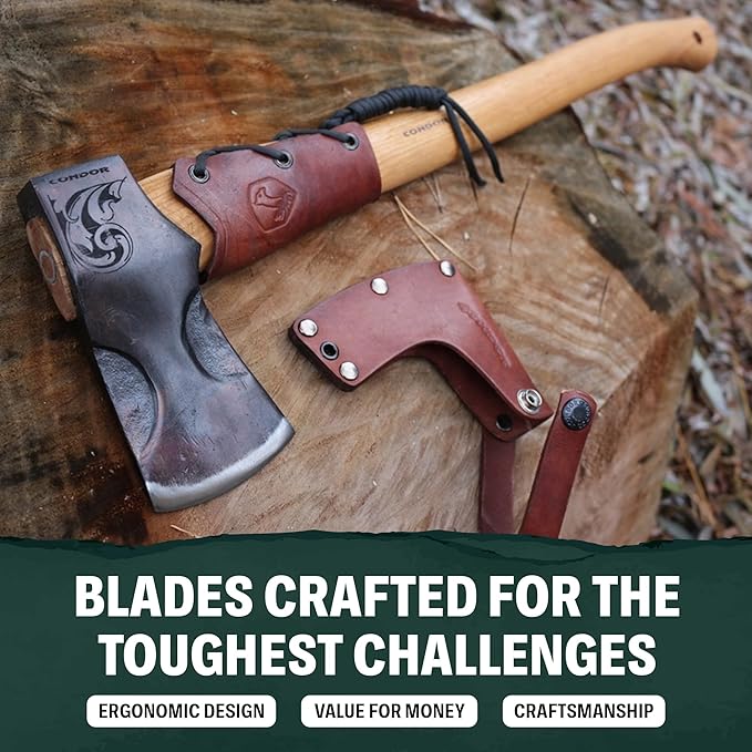 Condor Tool &amp Knife Cloudburst Hatchet Axe with Handcrafted Leather Sheath - 1060 High Carbon Steel Throwing Axe with a Light Wooden American Burnt Hickory Handle - 5.8in Blade - 43.4oz