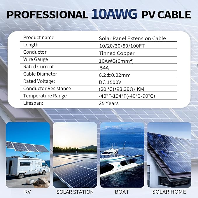 2x30 FT Solar Panel Extension Cable 10AWG Solar Cable Solar Panel Wire with Female &amp Male Waterproof Connectors for RV Photovoltaic Systems