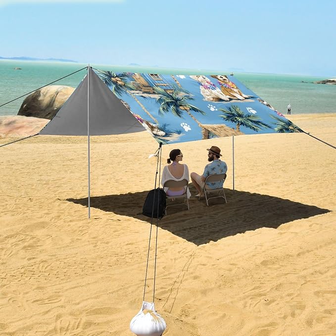 ALAZA Dog Palm Tree Hawaii Beach Tent Sun Shelter UPF50+ Protection Beach Shade Canopy w/ 4 Sandbags for Outdoor Camping Fishing Backyard Fun Picnic 10x9 ft