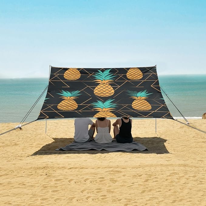 ALAZA Pineapples Geometric on Black Beach Tent Sun Shelter Portable Canopy Sunshade for Outdoor Camping Picnics Backyard Fun 10x9 ft