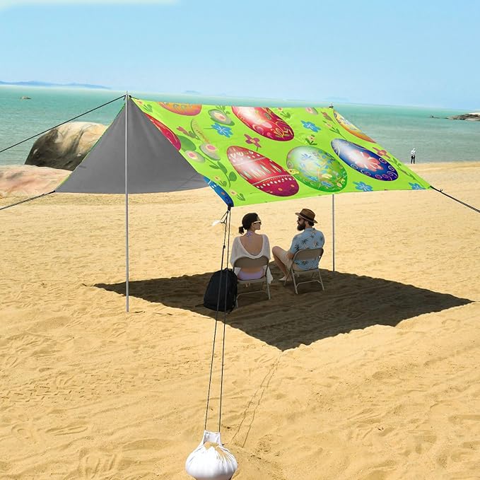 Beach Canopy with Windproof Ropes &amp Sandbags Beach Tent Sun Shade Sun Shelter for Camping Trips Fishing Backyard Fun or Picnics Easter Egg
