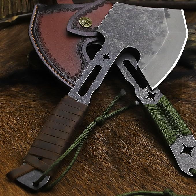 BA-KOR 12.2-inch DC53 Steel 10mm Thick Multi-Functional Survival Axe for Camping EDC Tool Jungle Logging Axe + Axe Sheath (5.9in) Cerium igniter