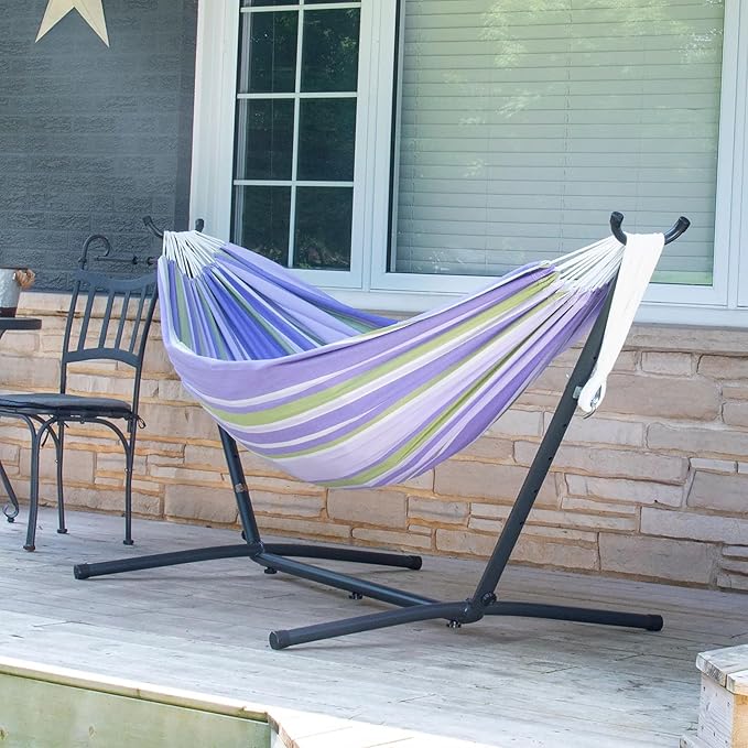 Vivere Double Cotton Hammock with Space Saving Steel Stand Upgraded Polyester End Strings 450 lb Capacity - Premium Carry Bag Included - USA Grown Cotton (Tranquility)