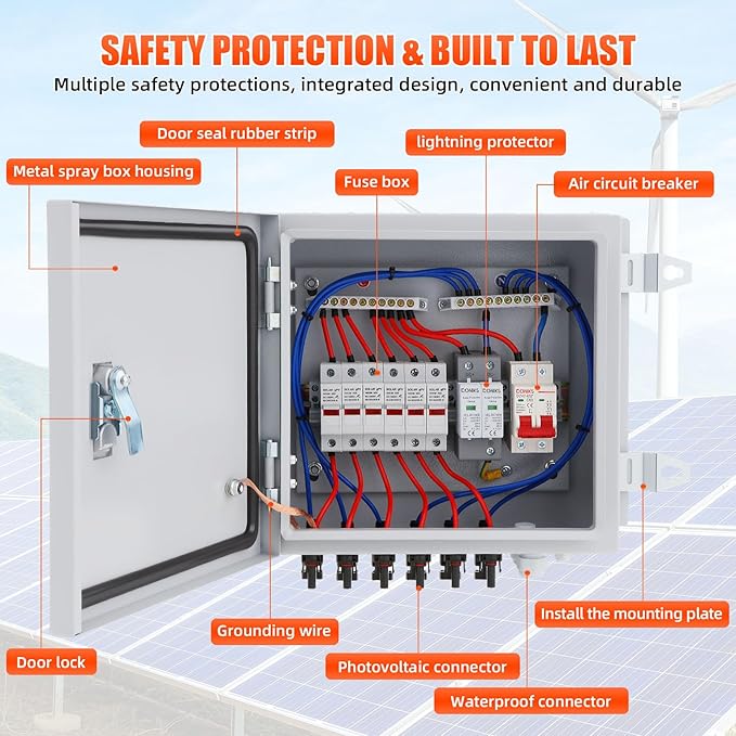 Doniks 6 String Metal Solar Combiner Box IP65 Waterproof PV Combiner Box with 20A Rated Current Fuse 63A Air Circuit BreakerLightning Arrester Metal Box for On/Off Grid Solar Panel System