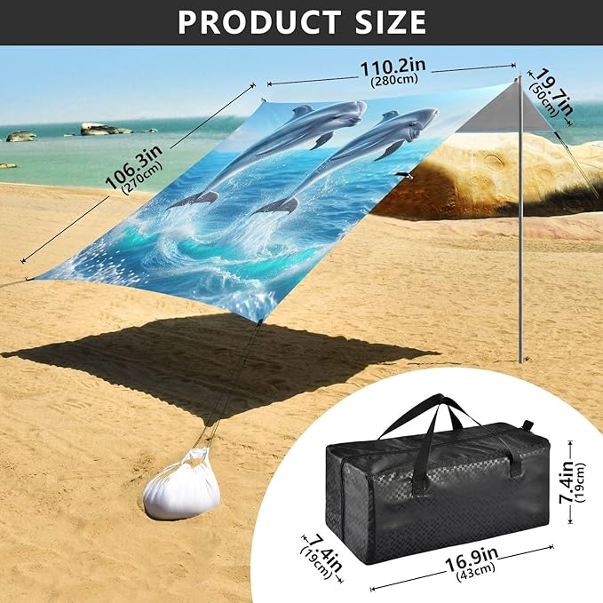 Sea Jumping Dolphins Beach Tent Sun Shelter Set UPF50+ UV Protection 10.5 x 9.19 FT Camping Shade Canopy with Sandbags Sand Anchors Carrying Bag and Others