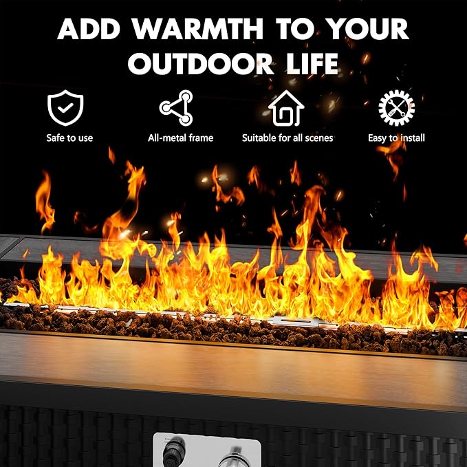 Walsunny 45 Inch Propane Fire Pit Table Outdoor Fire Pit 50000 BTU Gas Fire Pit Table Fire Table with Lid and Lava Rock for Outside Patio Garden Yard