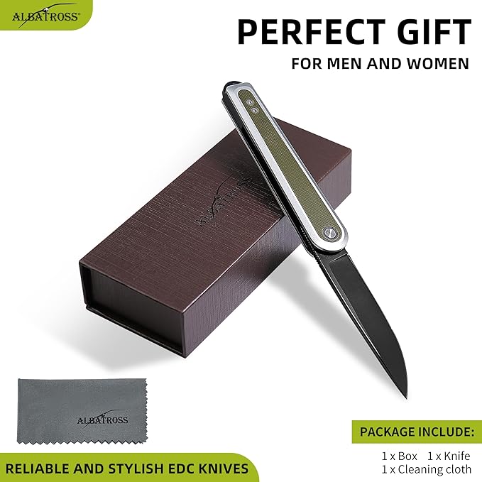 ALBATROSS Urban Utility Gear Folding Knife 3.3” Black D2 Blade Green Aluminum &amp G10 Reversible Clip Ultra-Light Gifts for Father's Day Mother's Day Birthday