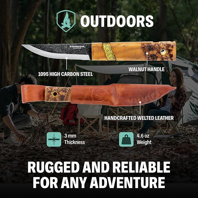 Condor Tool &amp Knife Indigenous Puukko Knife - 1095 High Carbon Steel - Hand Crafted Welted Leather Sheath - Polynesian and Sami Designed Walnut Handle - 3.9in Blade - 4.6oz (3mm)