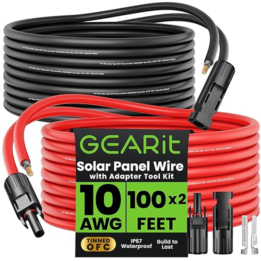 GEARit 10 Gauge Solar Panel Extension Cable 100 Ft Each(200 Feet Total) with MC4 Male to Female Connectors Tool Kit 10 AWG OFC Solar Panel Cord for RVMarineOff-GridCamping &amp Home Backup