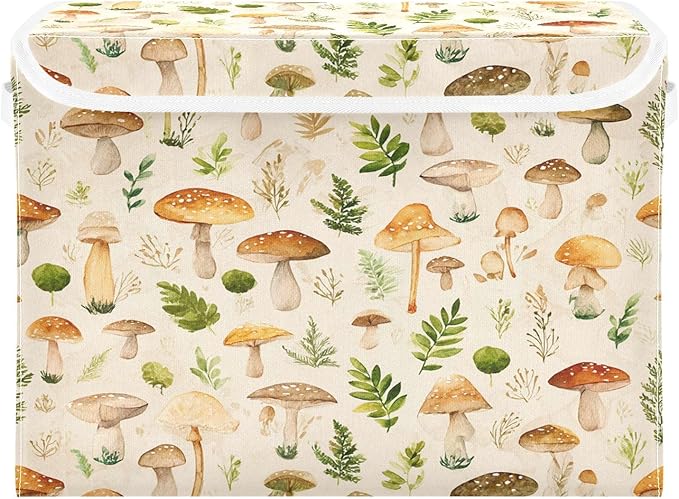 Storage Bins With Lid Stackable Fabric Closet Organizer Clothing Storage Large Boxes For Closet Shelves Bedroom Beige Mushrooms Leaves Caps Natural