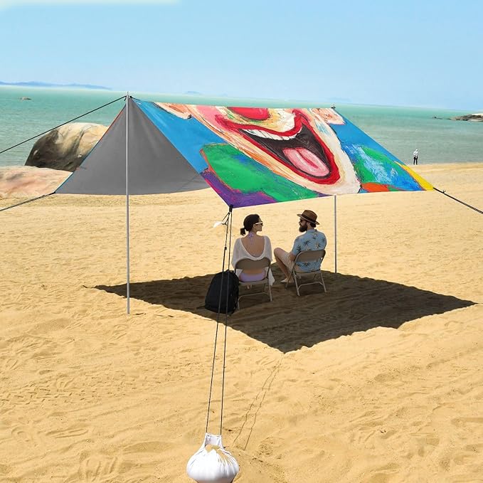 Clown Making Funny Faces at The Circus Foldable Beach Tent UPF50+ Water-Resistant Shade Sun Shelter with Sand Shovel for Backyard and Camping