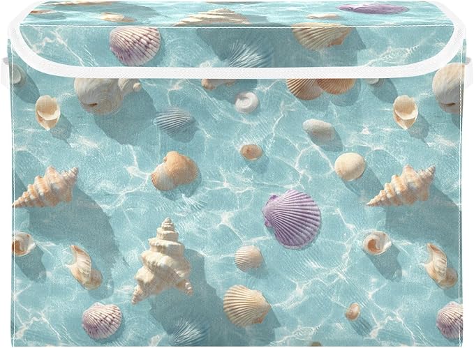 Blue Sea Shell Summer Collapsible Storage Bins with Lids Decorative Fabric Cubes Closet Organizer Basket Boxes Containers for Clothes Box Chest Folding Rectangle