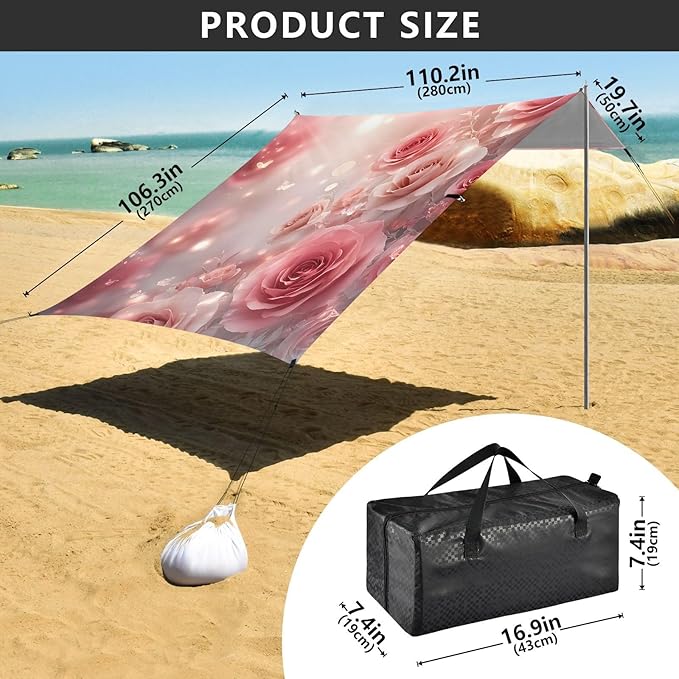 ALAZA Dreamy Pink Rose Flower Beach Tent Sun Shelter UPF50+ Protection Beach Shade Canopy w/ 4 Sandbags for Outdoor Camping Fishing Backyard Fun Picnic 10x9 ft