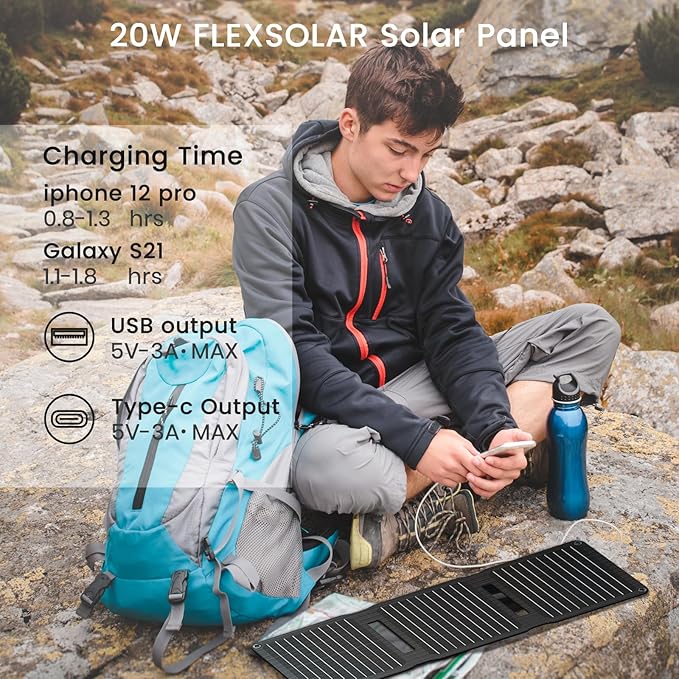 [Upgraded] FlexSolar 20W Portable Solar Panel High Efficiency ETFE Foldable Panels with 5V USB A/USB C Ports IP67 Waterproof Power Emergency Solar Charger for Phone Power Bank Camping Backpacking