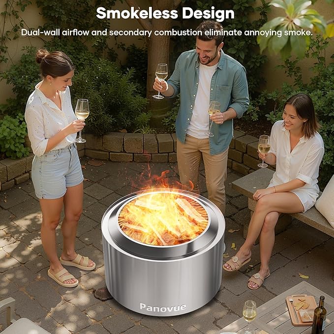 Panovue 22 Inch Smokeless Fire Pit Stainless Steel Wood Burning Outdoor Firepit for Outside Patio Backyard Camping and Outdoor GatheringsOutdoor Fire Place with Removable Ash Pan