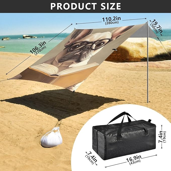 ALAZA Close Up Photo of French Bulldog Read Book Beach Tent Sun Shelter Portable Canopy Sunshade for Outdoor Camping Picnics Backyard Fun 10x9 ft