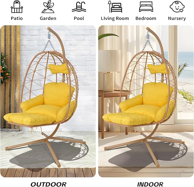Hanging Egg Chair with Stand Outdoor Indoor Patio Rattan Swing Hammock Chairs with Washable Cushion PE Wicker Swing Chair for Backyard Bedroom Garden (Yellow + Yellow Cushion with Footrest)