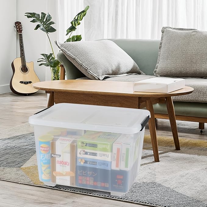 Wekioger 50 Quart Clear Latching Box with Wheels 4 Packs Plastic Lidded Storage Bin