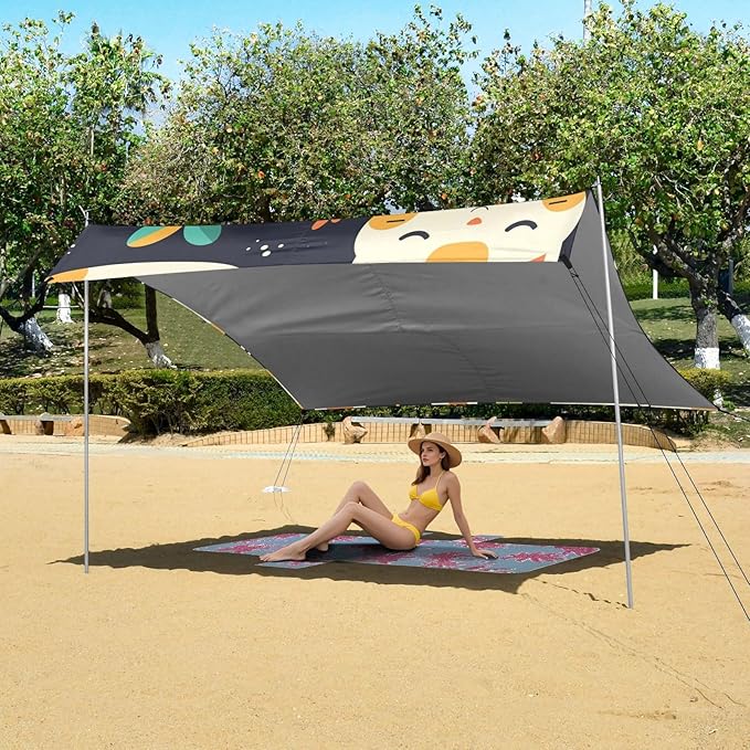 Cute Cats Face with Grass Foldable Beach Canopy UPF50+ Waterproof Shade Sun Shelter with Sandbags &amp Sand Shovel for Camping Picnics Backyard &amp Fishing