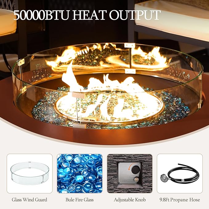 UPHA 42-inch Outdoor Propane Gas Fire Pit Table 50000 BTU Concrete Round FirePit for Outside Patio with Propane Tank Cover Wind Guard Blue Glass Rocks Rain Cover Reddish Brown