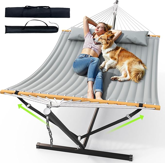 ANAGOO Double Hammock with Stand Heavy Duty Outdoor Hammock for Two 500 LBS Capacity Stable Steel Frame with Balance Strap Easy Tool-Free Assembly for Patio Garden Backyard &amp BeachDark Grey