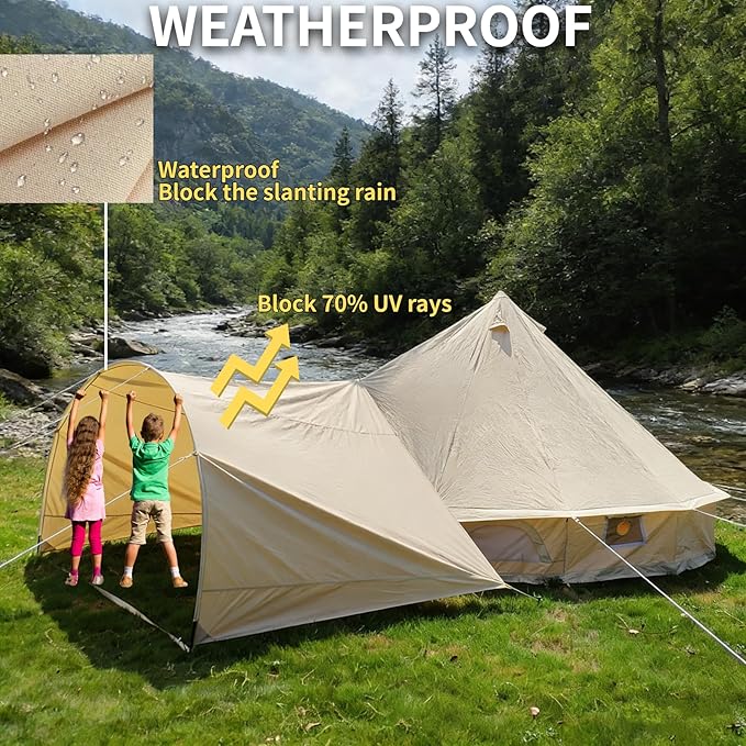 DANCHEL OUTDOOR Waterproof Bell Tent Awning 4 Season Camping Tarp – Portable Canopy Cover with Poles Lightweight Glamping Accessories Rectangle