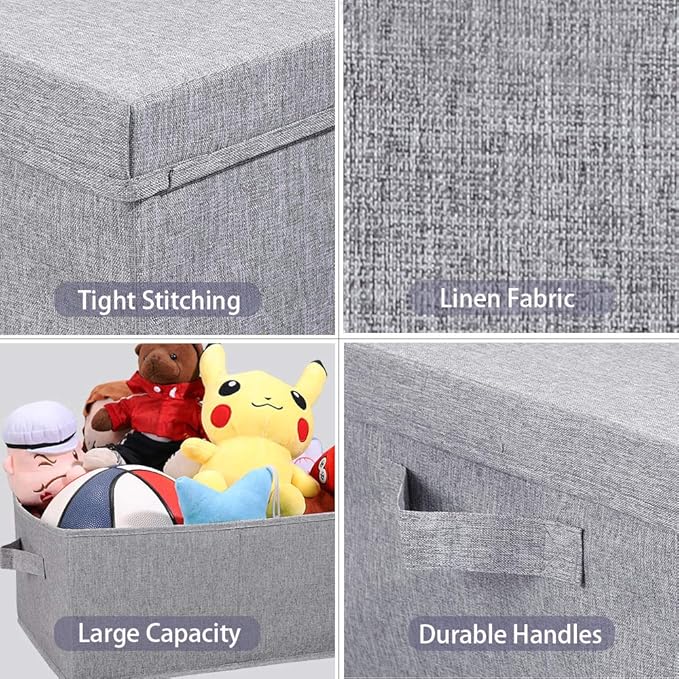 HOONEX Linen Foldable Storage Bins with Lids 2 Pack Storage Boxes with Carrying Handles and Sturdy Heavy Cardboard 16.5 L x 11.8 W x 7.5 H for Shoes Books Clothes Light Grey