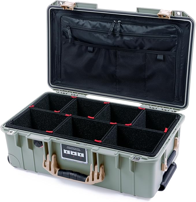 Pelican Air 1535 Carry-On Sage Green - Medium Size Waterproof Case with TrekPak Kit &amp Combo Lid Organizer - Desert Tan Handles &amp Latches