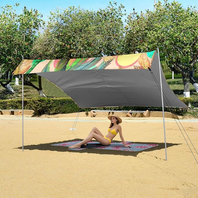 xigua Palm Tree Beach Tent Sun Shelter with Carrying Bag - Silver Coated Oxford Fabric Beach Canopy for Beach Camping Fishing - Includes Windproof Ropes Sandbags &amp Stakes