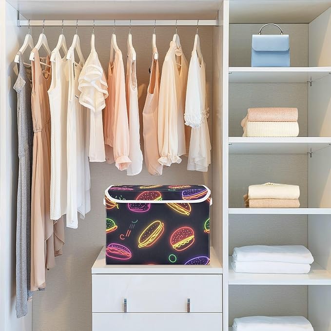 Collapsible Storage Bins with Lids Decorative Fabric Storage Cubes Closet Organizer and Storage Basket Boxes Containers for Clothes Box Chest Nursery Folding Rectangle Neon Burgers Black