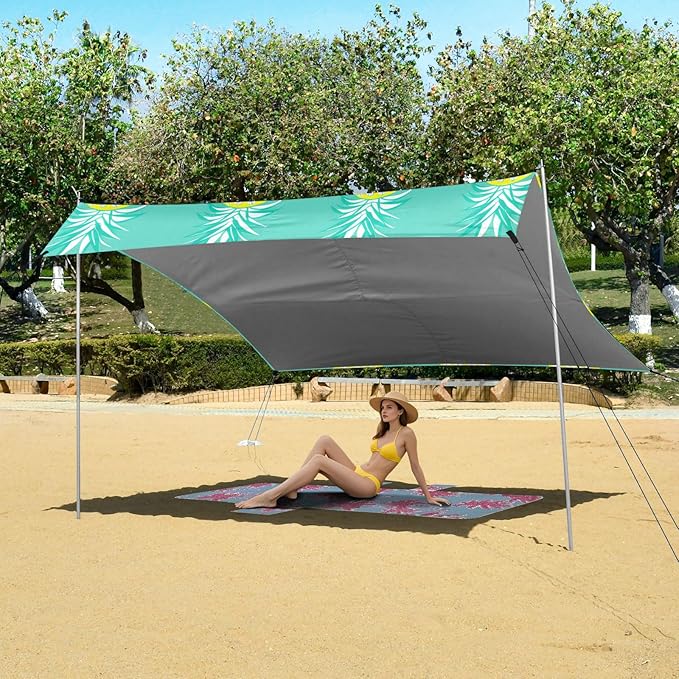 Beach Canopy with Windproof Ropes &amp Sandbags Beach Tent Sun Shade Sun Shelter for Camping Trips Fishing Backyard Fun or Picnics Pineapples
