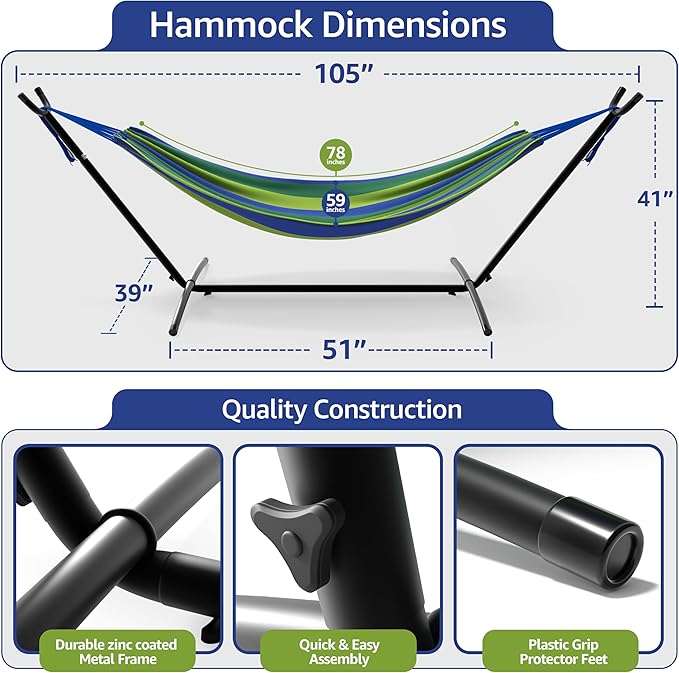 Sorbus 2-Person Hammock with Stand – 60 Cotton Blend Bed Heavy Duty 450lbs Capacity Portable with Carrying Case – for Garden Patio Outdoor Camping Gifts – Washable