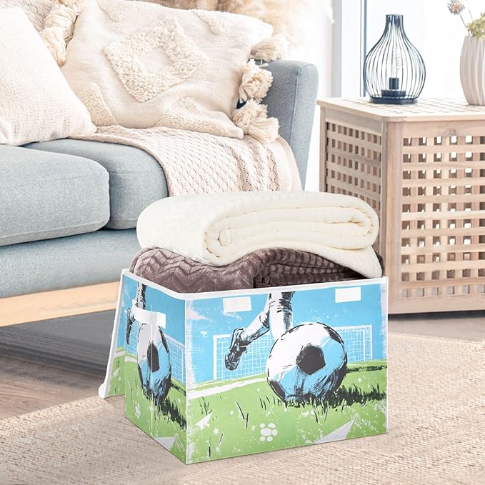 Blue Soccer Player Goal Grass Storage Box with Lid 1 PC Foldable Storage Bin with Lids Stackable Storage Bins Cube Closet Organizer Basket with Flip-Top Lid &amp Handles for Shoes Books Towels