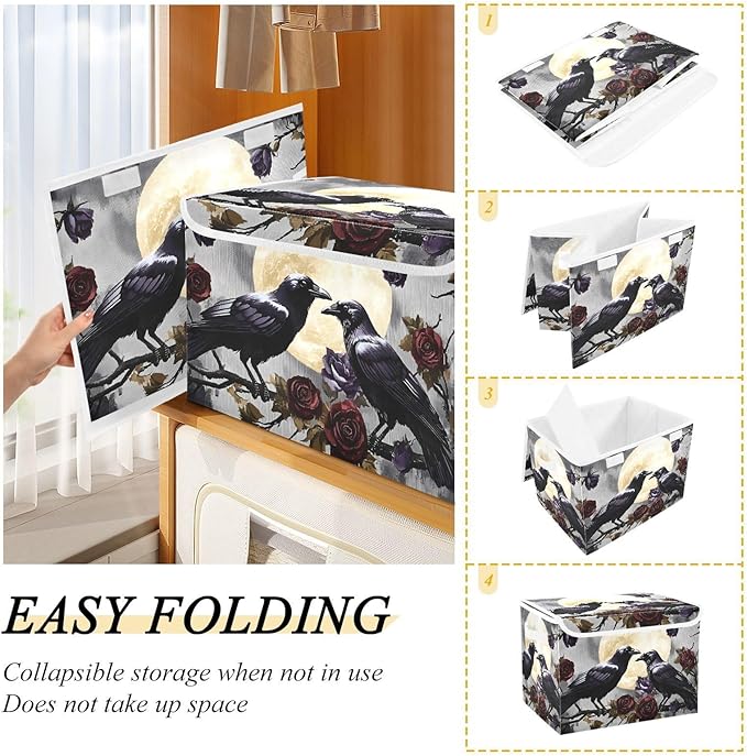 Crows Branch Rose Large Storage Bins with Linen Foldable Storage Cubes Fabric Closet Organizer Containers box with Flip-Top Lid for Home Office 16.5 x 12.6 x 11.8 IN